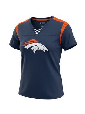 NFL Team Apparel Denver Broncos Women's Lace Up Jersey Shirt Blue Orange Large E